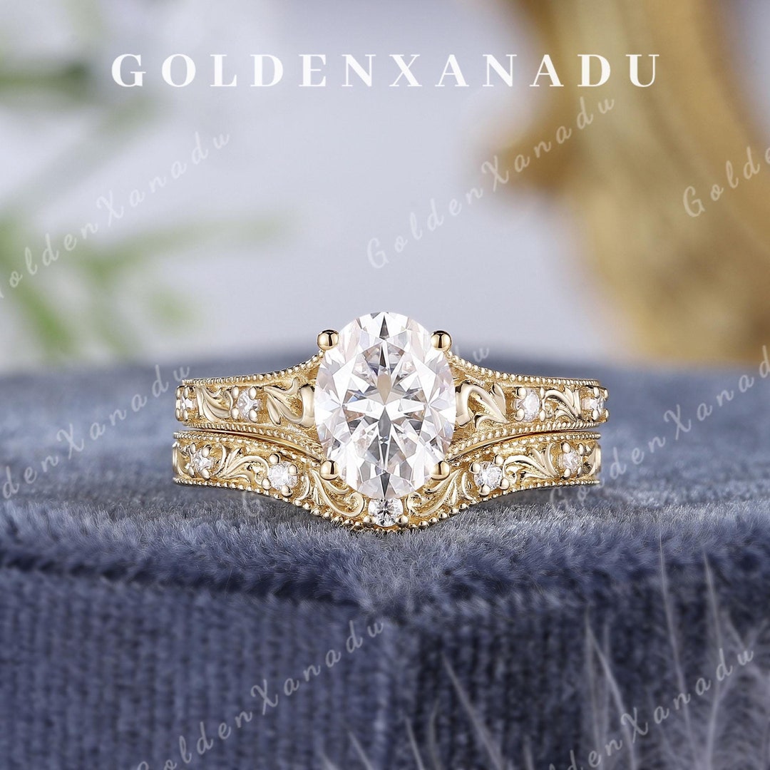 Vintage Oval Moissanite Engagement Ring Set Solid Gold Engraved Flower ...