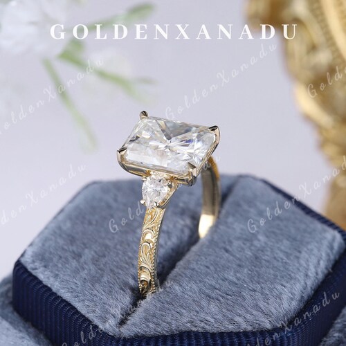 Victorian Radiant Cut Moissanite Engagement Ring, Solid Gold Lotus Setting, Engraved Wedding Band