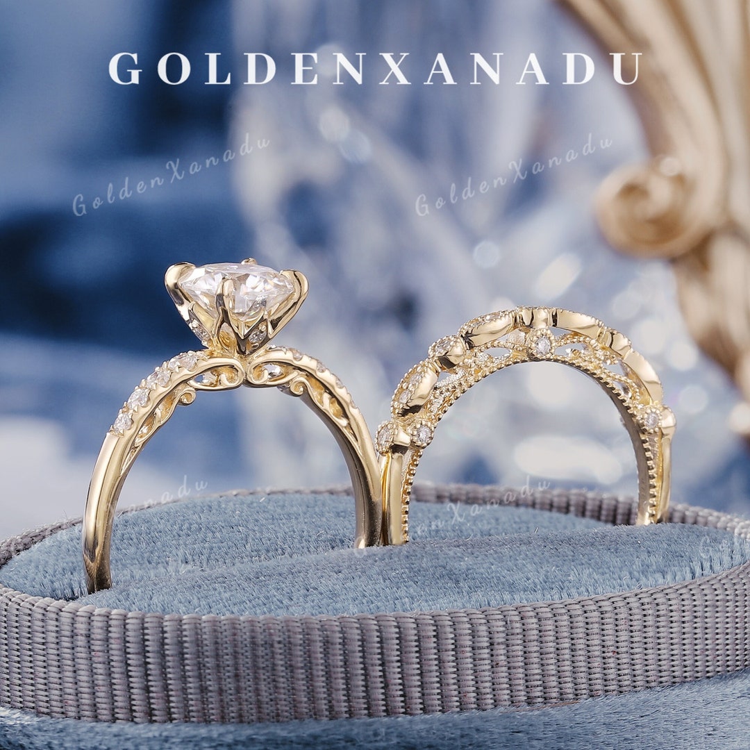 Victorian Moissanite Engagement Ring Set Vintage Solid Gold Moissanite ...