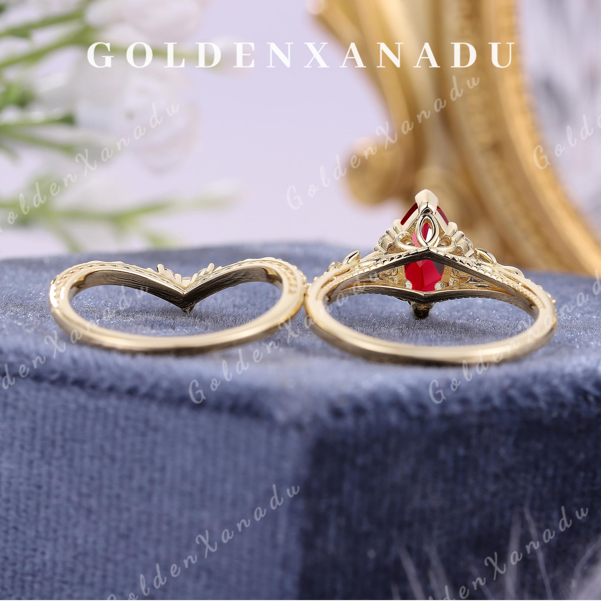 Vintage Marquise Ruby Engagement Ring Set, Handmade Floral Leaf Gold ...