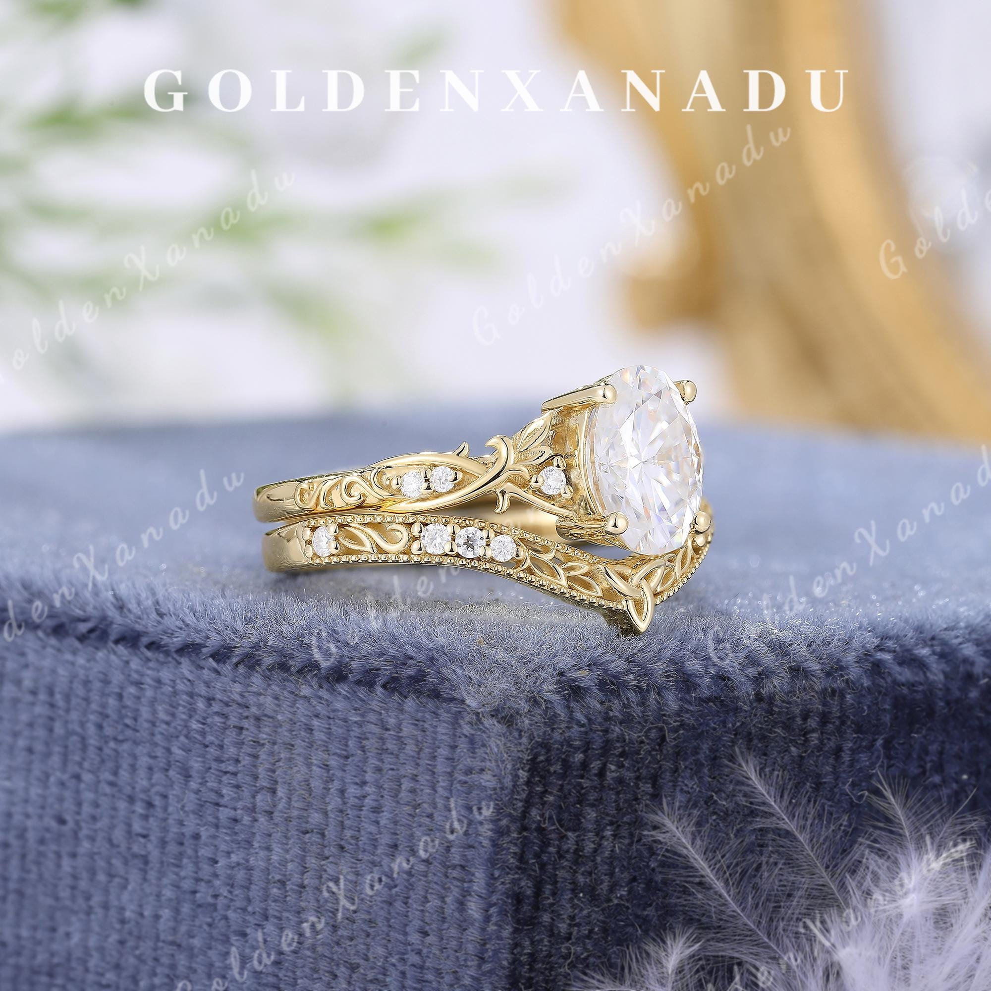 Vintage Oval Moissanite Engagement Ring Set Solid Gold Leaf Moissanite ...
