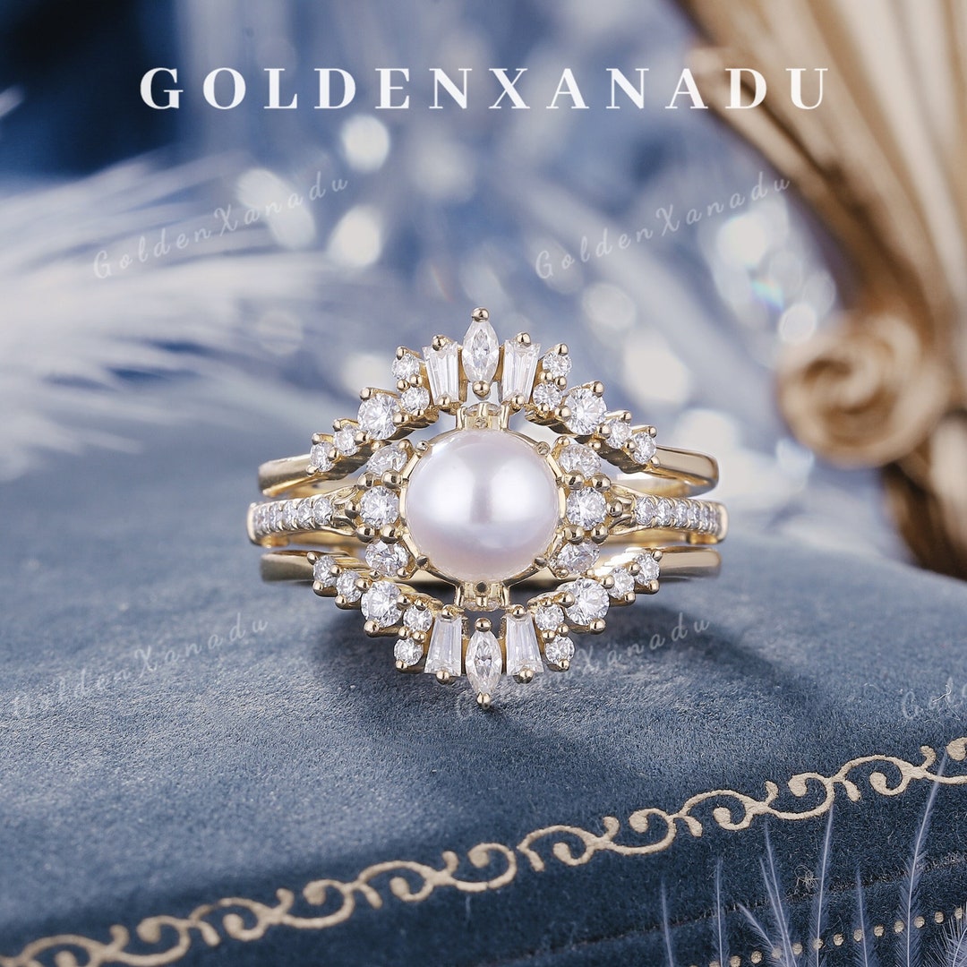 Unique Pearl Rings Unique Akoya Pearl Engagement Ring Set Solid Gold Pearl Wedding Rings ...