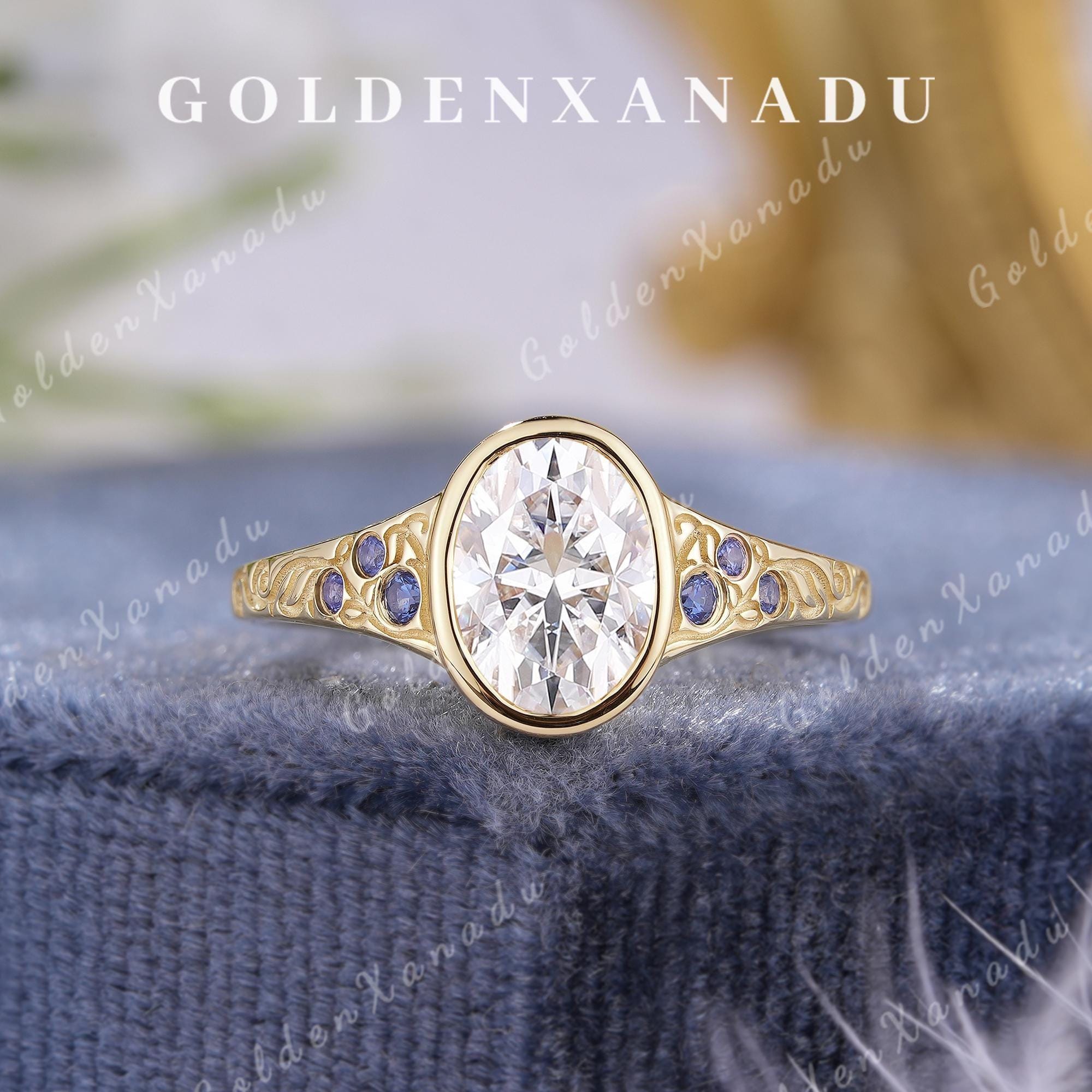 Vintage Oval Cut Moissanite Engagement Ring Bezel Set Solid Gold ...