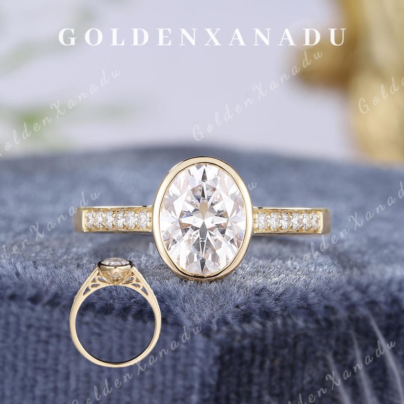 Bezel Set Moissanite Engagement Ring Solid Gold Unique Oval Moissanite ...