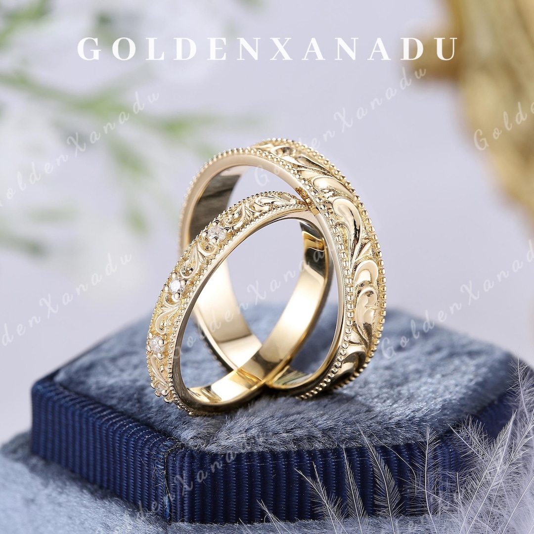 Big Patterned Rings Vintage Engraved Couple Wedding Band Set His and Hers Rings Solid Gold ...