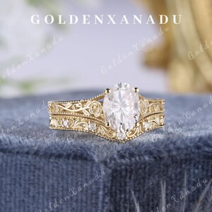 Vintage Oval Moissanite Engagement Ring Set Solid Gold Handmade ...