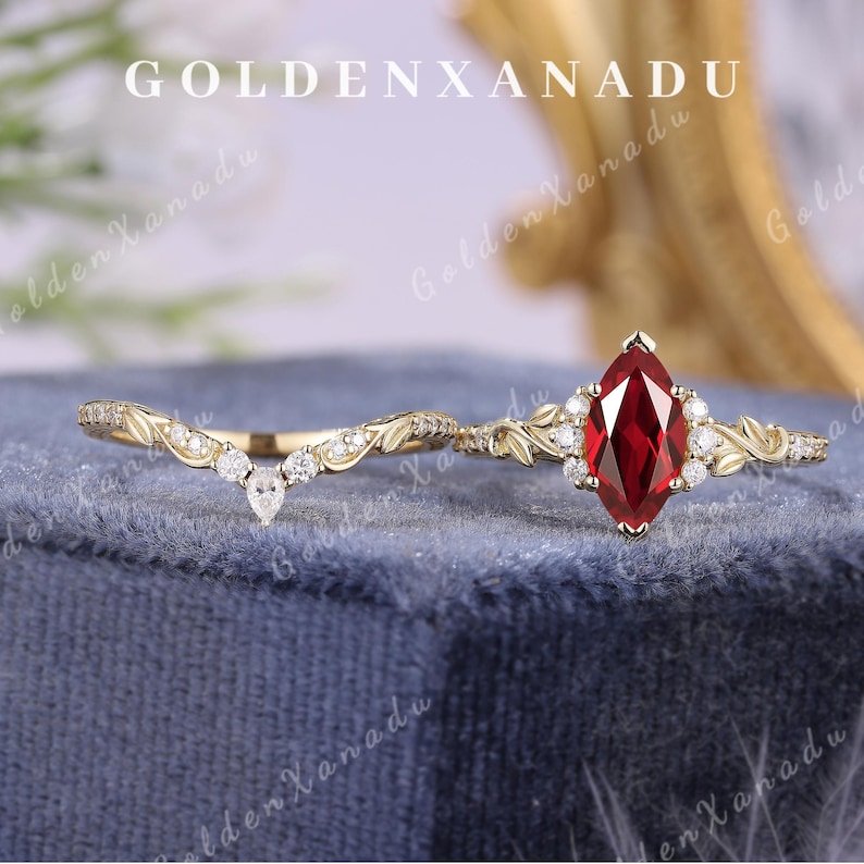Vintage Marquise Ruby Engagement Ring Set, Handmade Floral Leaf Gold ...
