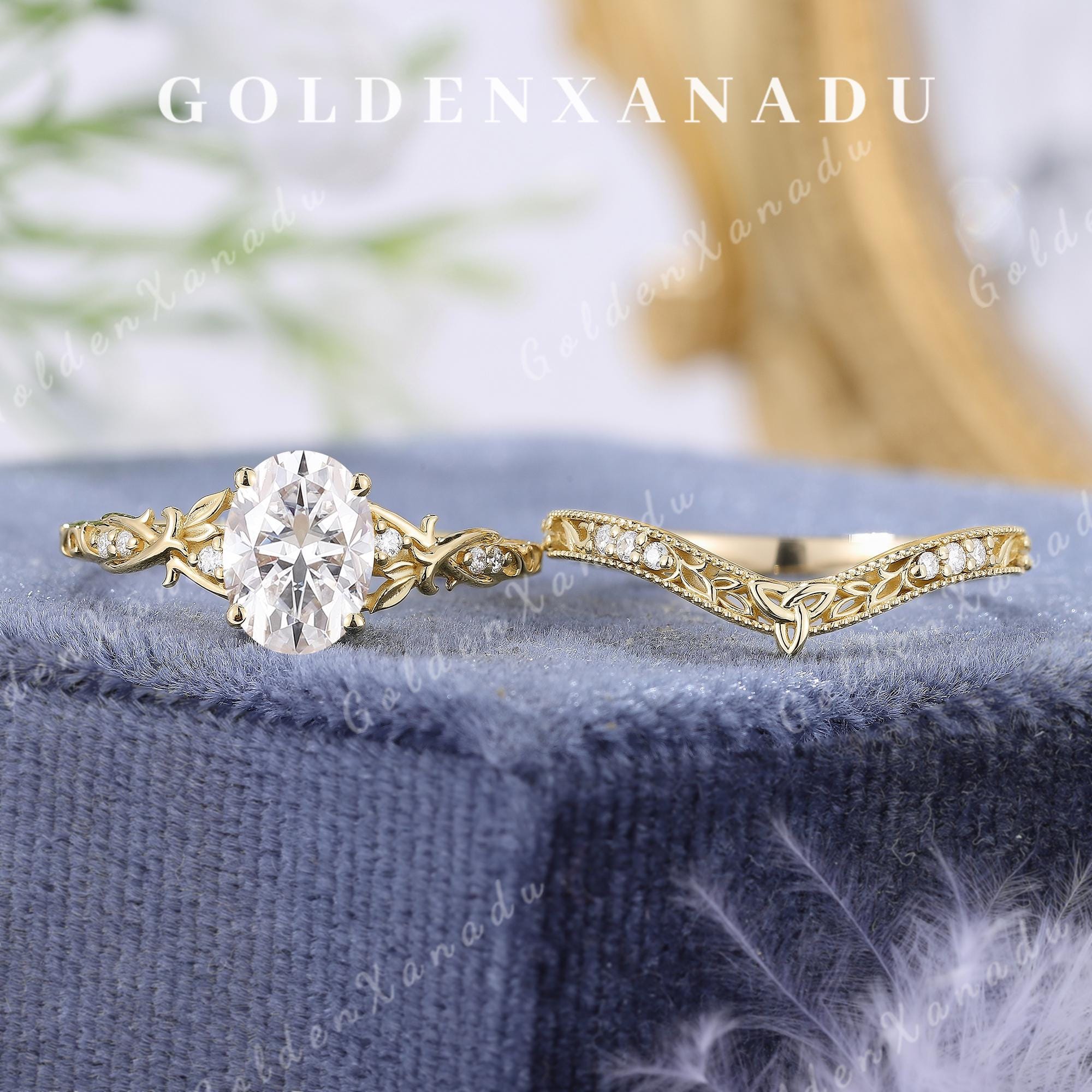 Vintage Oval Moissanite Engagement Ring Set Solid Gold Leaf Moissanite ...