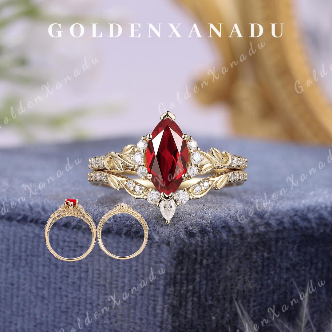 Vintage Marquise Ruby Engagement Ring Set, Handmade Floral Leaf Gold ...