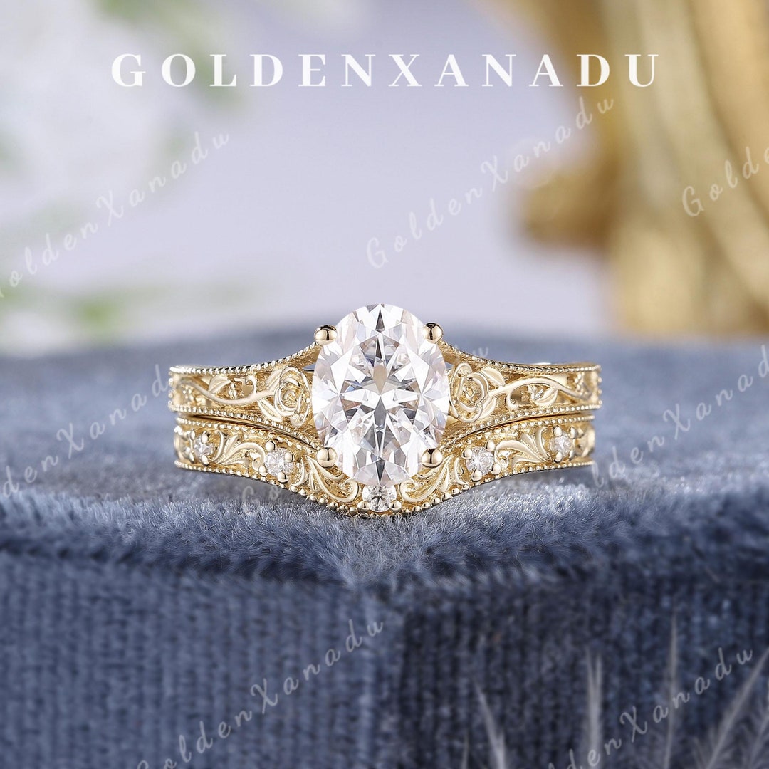 Vintage Oval Moissanite Engagement Ring Set Solid Gold Handmade ...