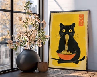 Black Cat Eats Noodle Poster