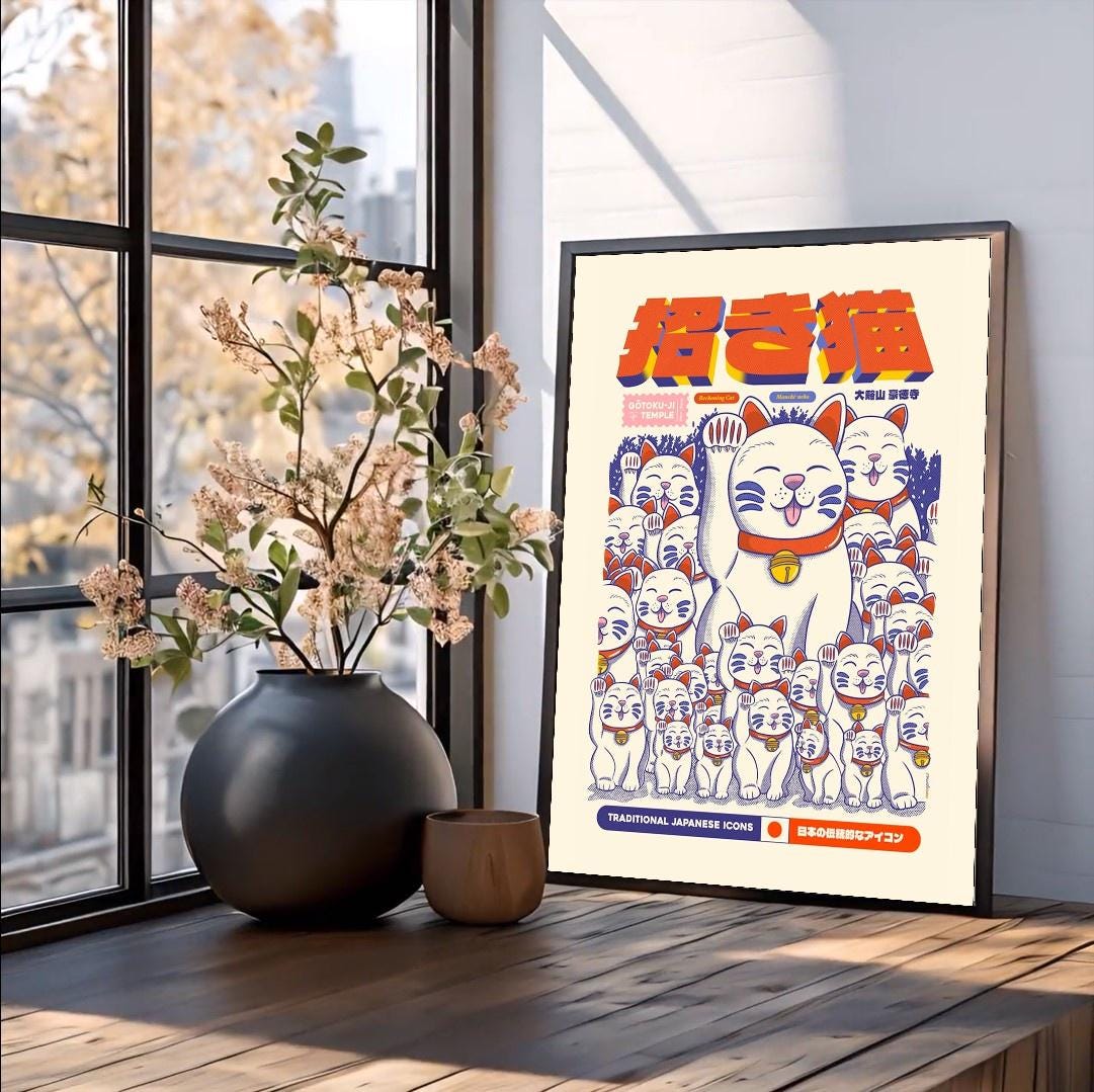 Lucky Cat Poster, Maneki Neko Japanese Wall Art Print, Retro Kawaii Cat ...