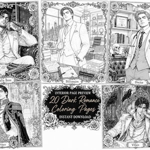 May include: A collection of 20 black and white coloring pages featuring illustrations of men in various roles including a Mafia Boss, Billionaire, Doctor, Prince, and Villain, all framed with floral borders and labeled with their respective titles.