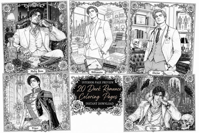 May include: A collection of 20 black and white coloring pages featuring illustrations of men in various roles including a Mafia Boss, Billionaire, Doctor, Prince, and Villain, all framed with floral borders and labeled with their respective titles.