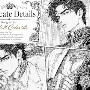 May include: A black and white coloring book page featuring two detailed illustrations of a person with dark hair wearing ornate, embellished clothing and jewelry. The text reads Intricate Details Designed for Adult Colorists with bullet points.