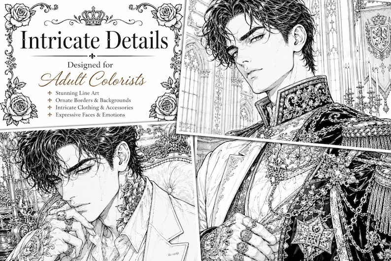 May include: A black and white coloring book page featuring two detailed illustrations of a person with dark hair wearing ornate, embellished clothing and jewelry. The text reads Intricate Details Designed for Adult Colorists with bullet points.