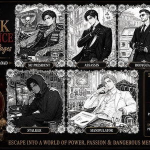 May include: A digital collection of 20 dark romance coloring pages featuring black and white line art illustrations of various characters including an MC president, assassin, bodyguard, stalker, and manipulator, with text overlays and rose motifs.