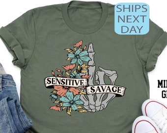 Floral Skeleton Middle Finger Shirt, Sensitive Savage Halloween Tee