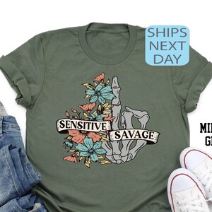 Floral Skeleton Middle Finger Shirt, Sensitive Savage Halloween Tee