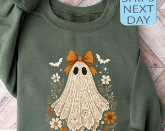 Lace Ghost Sweatshirt, Floral Halloween Women Hoodie, Coquette Spooky Sweatshirt, Fall Season Sweater