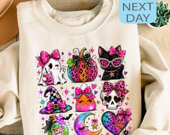 Pink Halloween Sweatshirt, Coquette Ghost Sweater, Black Cat Hoodie, Leopard Pumpkin Hoody, Witchy Clothing