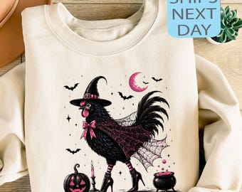 Halloween Rooster Sweatshirt, Witch Chicken Sweatshirt, Fall Farm Graphic, Gothic Spooky Season Hoodie