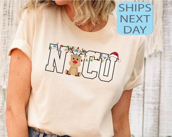 NICU Krankenschwester Weihnachtshemd, niedliche Weihnachtsmannmütze Rentier Weihnachtslicht Weihnachtsgeschenk, NICU Krankenschwester Geschenk, Krankenschwester Wertschätzung Geschenk, Weihnachtsferien Shirts