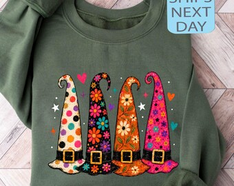 Witch Hat Sweatshirt, Floral Halloween Women Hoodie, Spooky Season Sweater, Witch Lover Gift