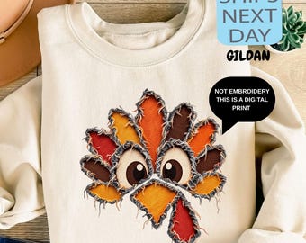 Funny Turkey Sweatshirt, Thanksgiving Gobble Sweater, Faux Ripped Turkey Hoodie, Fall Season Hoody