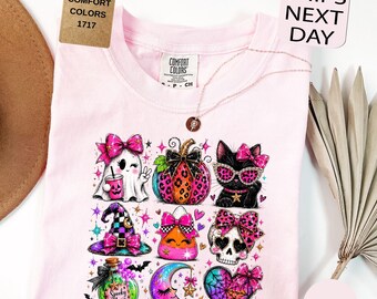 Comfort Colors® Pink Halloween Shirt, Coquette Ghost T-Shirt, Black Cat Tee, Witch Hat Shirt