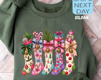 Christmas Stockings Sweatshirt, Pink Christmas Sweater, Women Cozy Xmas Hoodie, Coquette Holiday Top