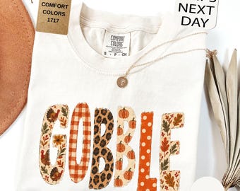 Comfort Colors Gobble Thanksgiving Shirt, Preppy Thanksgiving T-Shirt, Fall Turkey Day Tee ,Cozy Top