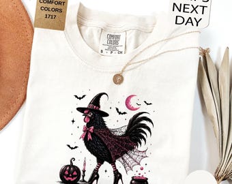 Comfort Colors® Halloween Rooster Shirt, Witch Chicken T-shirt, Fall Farm Graphic, Gothic Spooky Tee