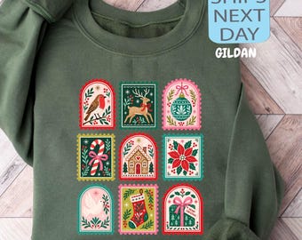Christmas Postage Stamp Sweatshirt, Festive Holiday Hoodie, Seasonal Xmas Sweater, Pink Christmas Top