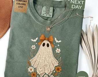 Comfort Colors® Lace Ghost Shirt, Floral Halloween Women T-Shirt, Coquette Spooky Tee, Fall Apparel