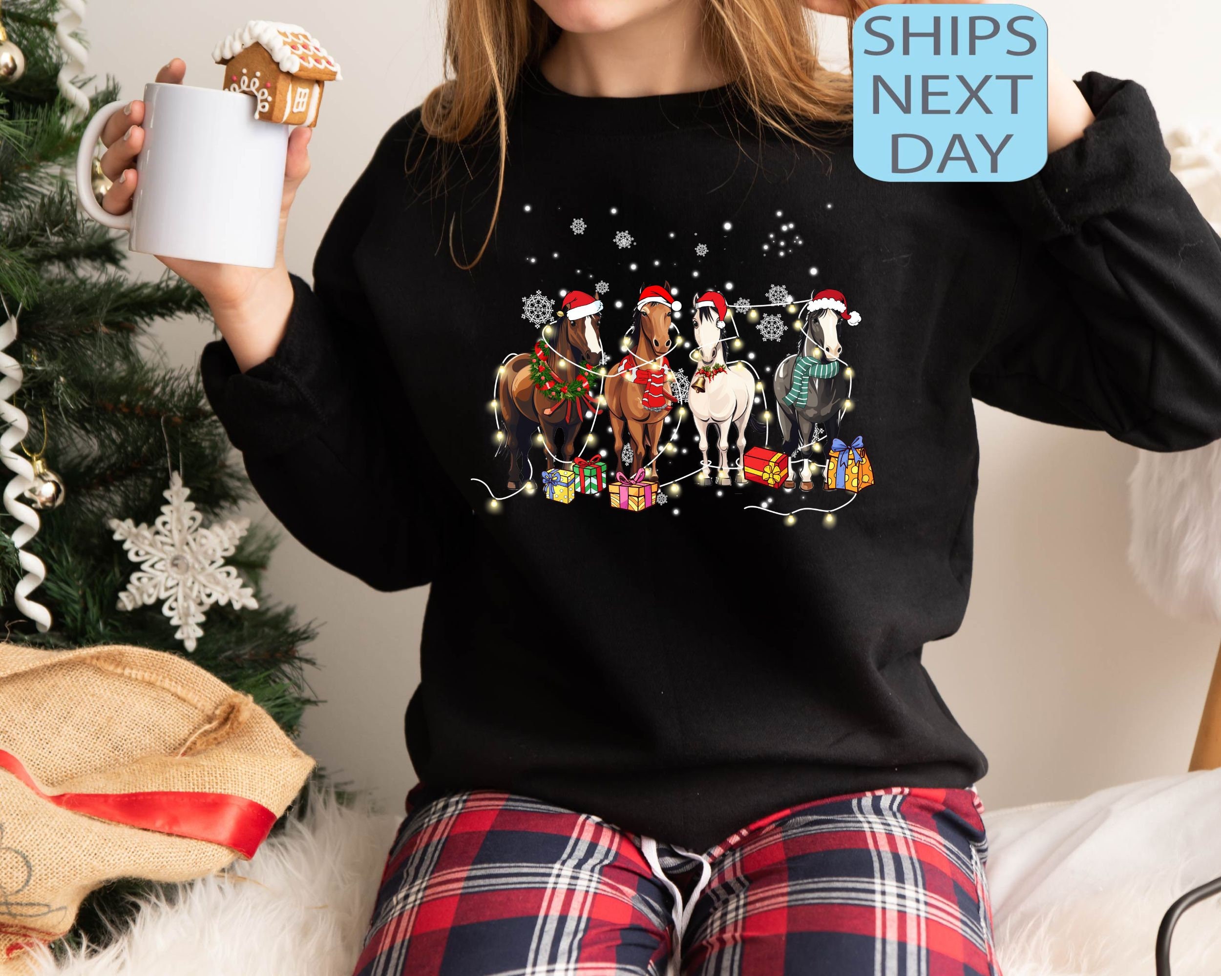Sweat à Capuche Filles - Imprimé Chevaux & Noël | Manches Longues Hiver | Tissu Doux Polyester | Taille S
