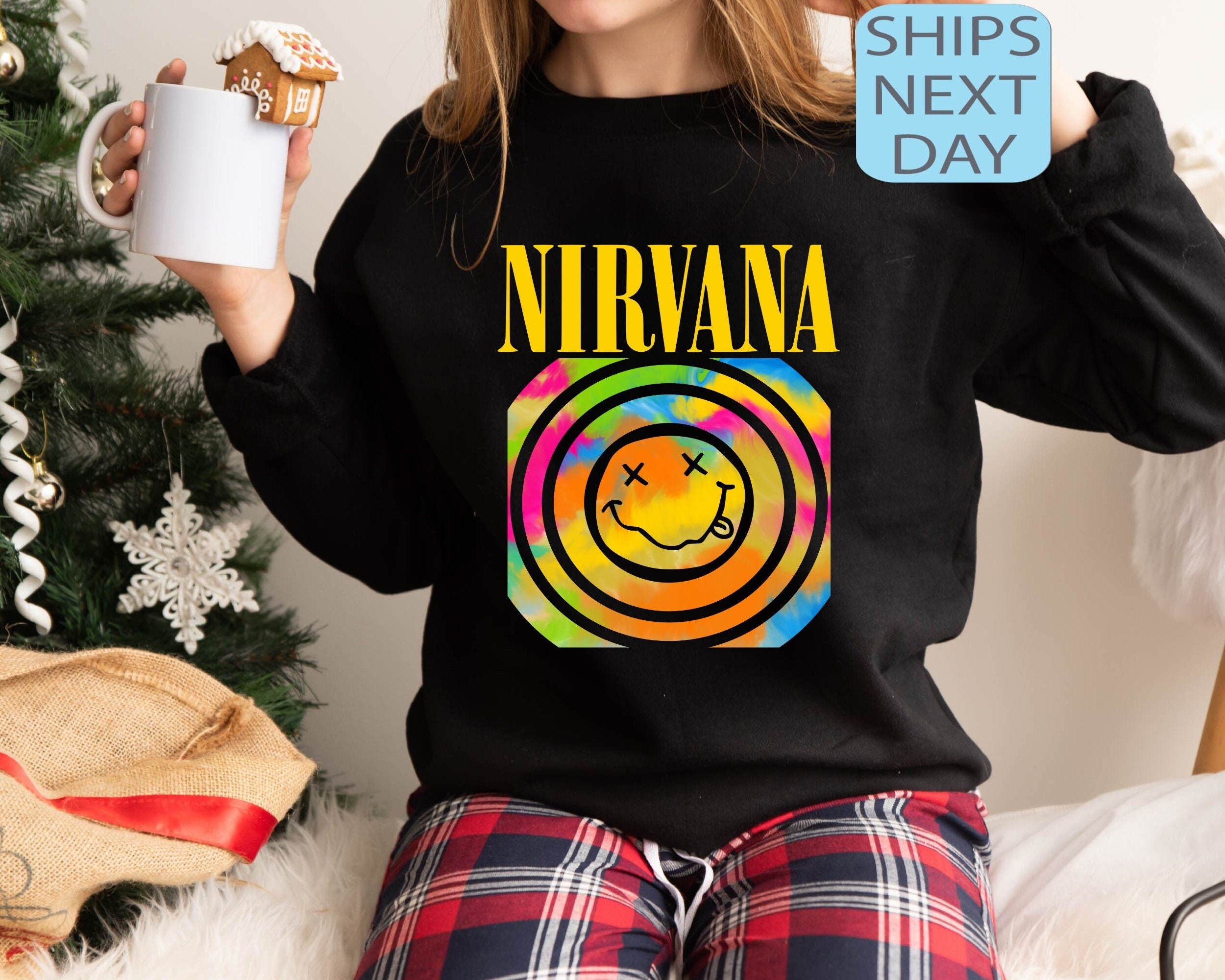 Discover Nirvana Sweatshirt, Nirvana Smile Face Crewneck Sweatshirt, Nirvana Smiley Face