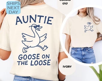 Camisa de colores cómodos, camisa de tía, anuncio de embarazo de tía, regalo divertido para tía, Día de la Madre, camisa retro "Tía Goose On the Loose"
