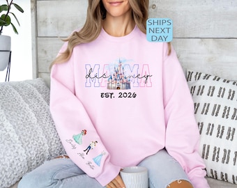 Disney Princess Mama Sweatshirt, Custom Kids Names Sweater, Princesses And Princes, Mother's Day Sweater