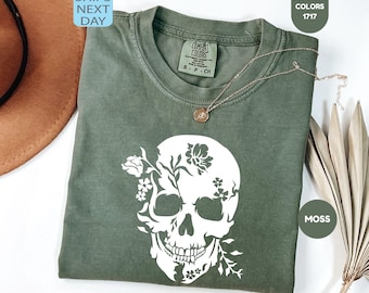 Comfort Colors Floral Skull Shirt, Funny Skeleton T-shirt, Gothic Tee, Skeleton Lover Gift