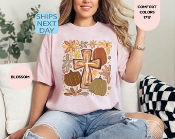 Comfort Colors T-shirt, shirt met bloemenpompoen, T-shirt Jesus Cross, christelijk T-shirt herfst, shirt herfst, T-shirt Pumpkin Spice