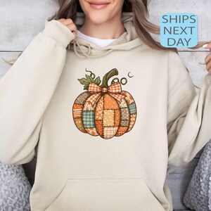 May include: A beige hoodie featuring a colorful pumpkin design. The pumpkin is made of various fabric patches in orange, brown, and green, with a bow and stem. The text "SHIPS NEXT DAY" is in a blue box.