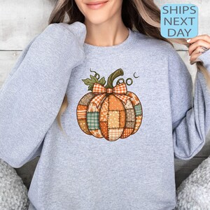 May include: A light gray sweatshirt featuring a colorful pumpkin design. The pumpkin is made of patchwork fabric in shades of orange, brown, and green, with a plaid bow and stem. The text "SHIPS NEXT DAY" is in a blue box.