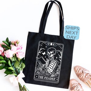 Bolsa de mano con esqueleto divertido que lee libros, bolsa de mano con cartas del tarot del lector, bolsa de mano con esqueleto, bolsa de mano de lona con libros, bolsa de mano con esqueleto de bibliotecario