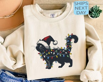 Christmas Black Cat Sweatshirt, Black Cat Christmas Hoody, Cat Lover Gift, Cat Mom Sweater, Kitten Christmas Gift, Xmas Gift, Holiday Hoodie