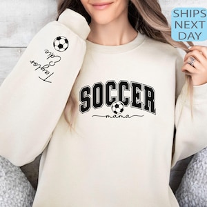 Personalize Soccer Mom Kids Name On Sleeve Sweatshirt, Mom Soccer Sweater, Mother&#39;s Day Gift, Gift for Soccer Mom, Soccer Season Hoody
