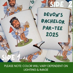 May include: A white foam can cooler featuring a cartoon illustration of a golfer holding a beer on one side and the dark green text "DEVON'S BACHELOR PAR-TEE 2025" on the other side. The golfer wears a white shirt, brown trousers, and a cap.