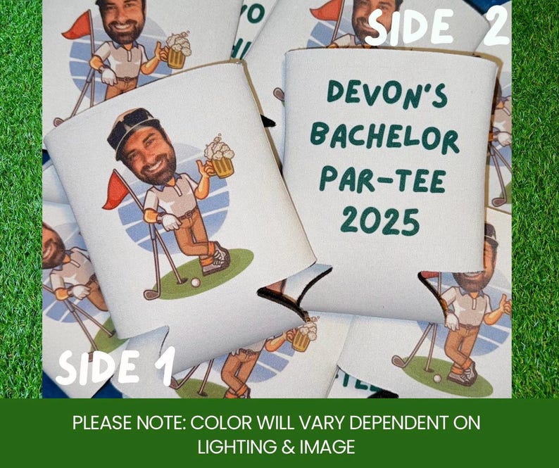May include: A white foam can cooler featuring a cartoon illustration of a golfer holding a beer on one side and the dark green text "DEVON'S BACHELOR PAR-TEE 2025" on the other side. The golfer wears a white shirt, brown trousers, and a cap.
