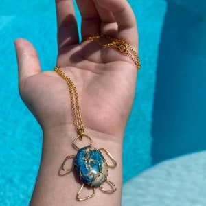 Sea Sediment Jasper wire wrapped turtle necklace, cute trendy necklace, blue turtle charm, gold turtle necklace