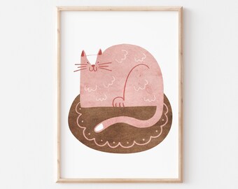 Impresión de gato rosa, ilustración de mascota, póster de gato, arte de pared imprimible bohemio, decoración de habitación infantil, DESCARGA DIGITAL